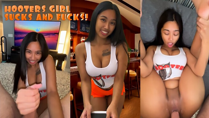 หน้าอกธรรมชาติและก้นใหญ่ของเด็กเสิร์ฟ Hooters ในบทบาทร้อน